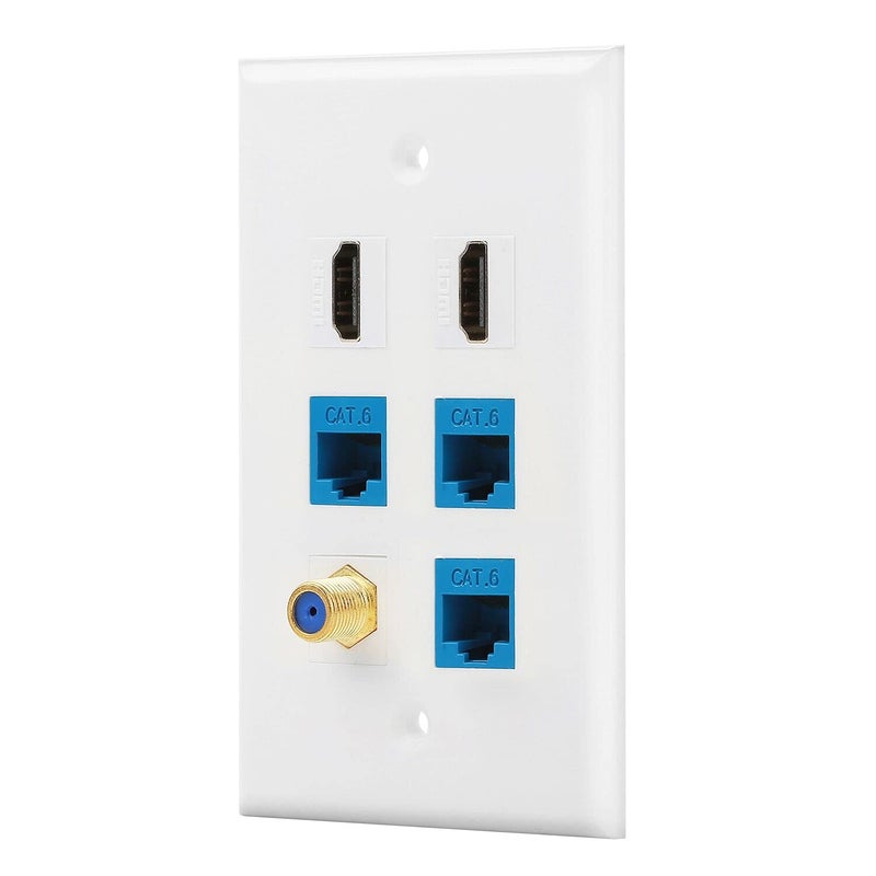 IBL-6 Port Wall Plate 3 Port Cat6+ 2 Port HDMI +1 Port Gold-Plated F Type coaxial Cable TV Keystone Female to Female Jack in White - Image 1